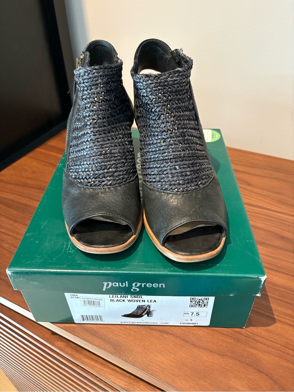 Paul Green Black Woven Leather Peep-Toe Booties with Natural Trim